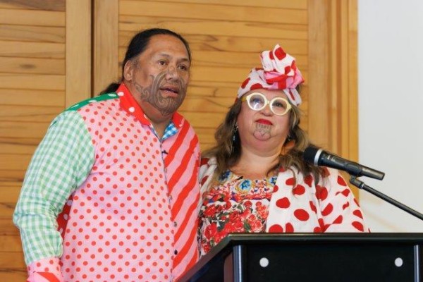 Lissy Robinson-Cole and Rudi Robinson-Cole at the opening of Wharenui Harikoa at Waikato Museum, December 2023.