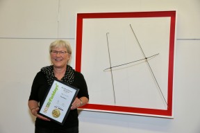 Akky van der Velde2c winner of the Fieldays No.8 Wire National Art Award2c with her work Outside the Square.2