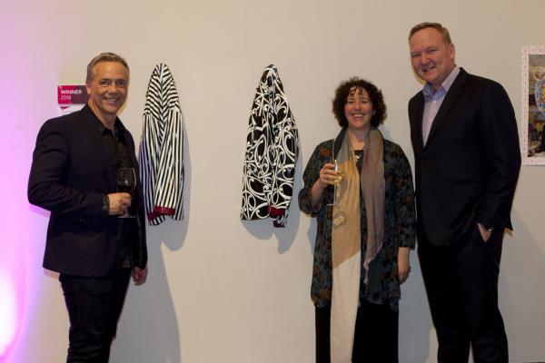 Image 2018 National Contemporary Art Award winner Sarah Ziessen with Brian Squair of ChowHill Architects and Jon Calder of Tompkins Wake Lawyers.